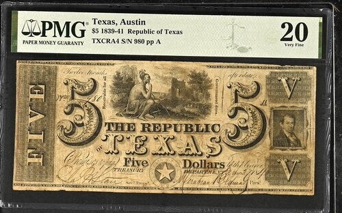 1839 $5 Obsolete Republic of Texas