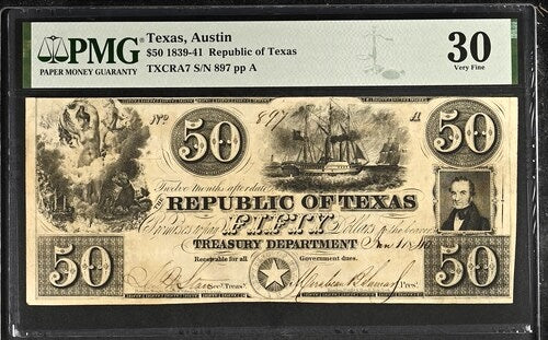 1839 $50 Obsolete Republic of Texas