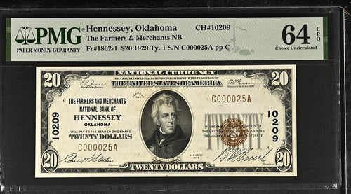 1929 $20 National Hennessey, Oklahoma