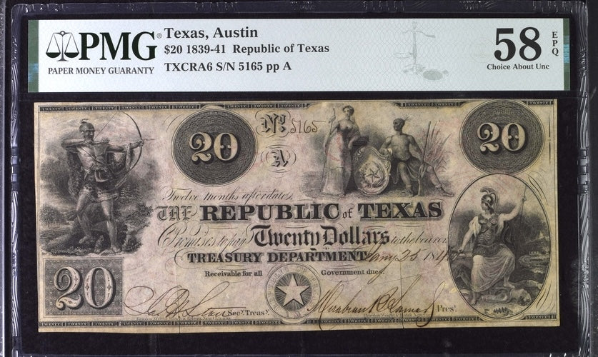 1839 $20 Republic of Texas