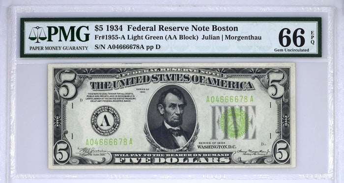 1934 $5 Federal Reserve Light Green