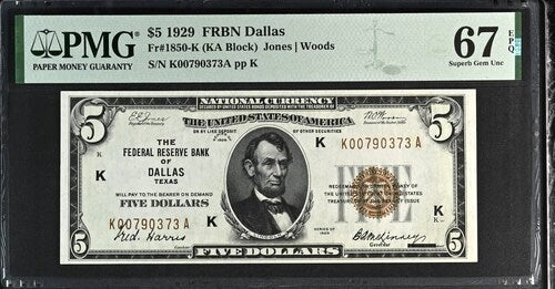 1929 $5 Federal Reserve - Dallas, Texas