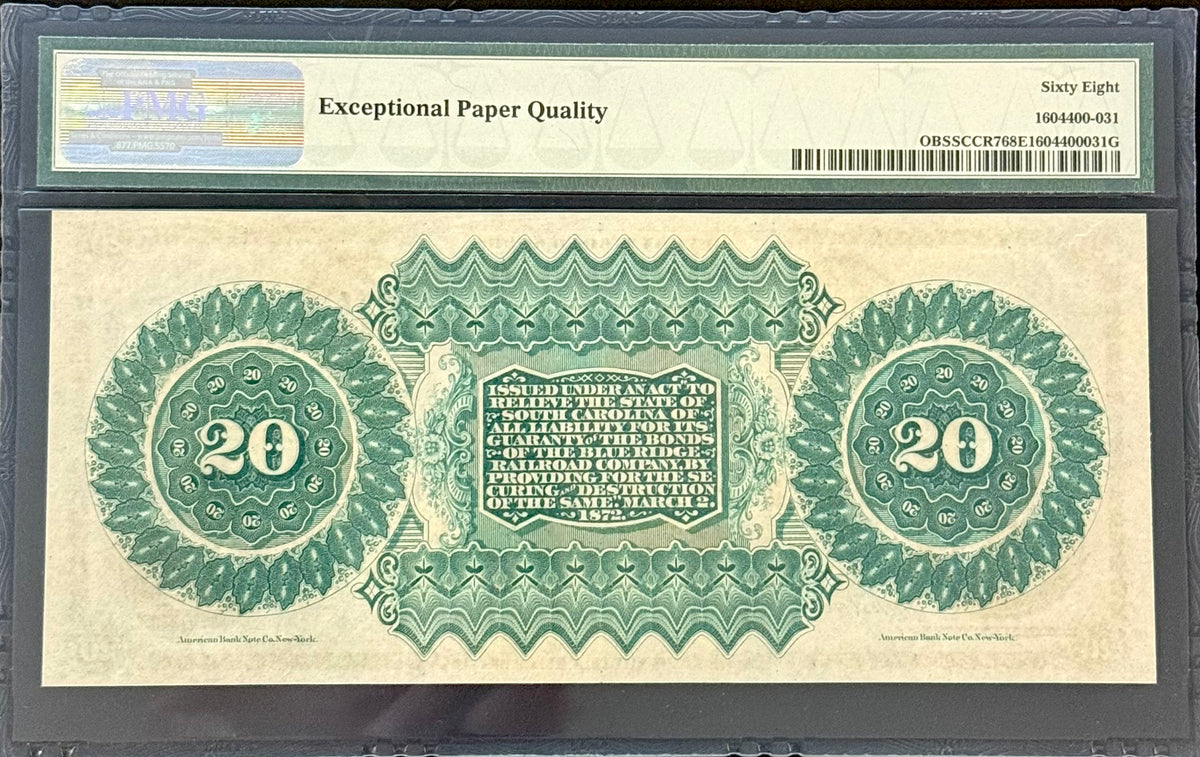 1872 $20 Obsolete South Carolina, Columbia